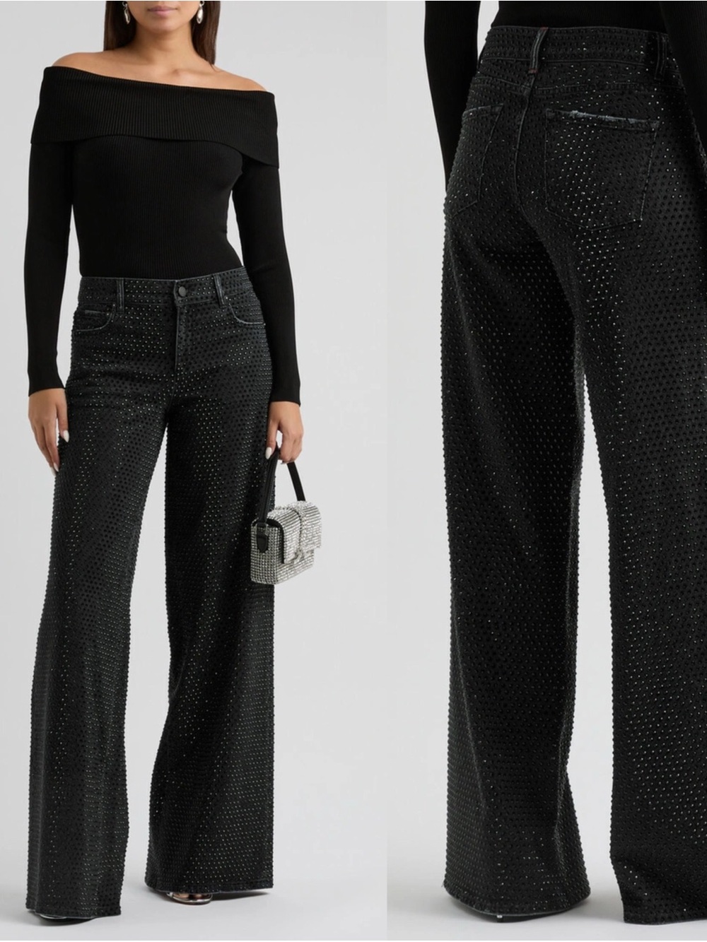 Alice & Olivia Trish Wide Leg Crystal Embellished Jeans Black US 31